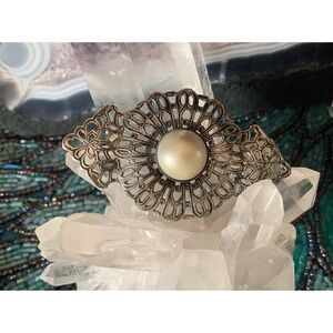 Vintage Filigree on Metal and Pearl cabochon Brooch, Unmarked